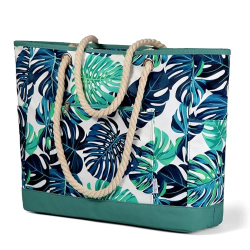 Chase Chic Strandtaschen für Frauen, Große Strandtasche für die Familie mit mehreren Taschen und Reißverschluss für Reisen und Urlaub Grüne Blätter von Chase Chic