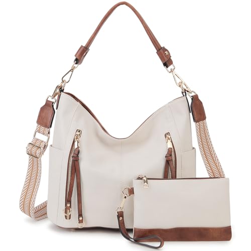 Chase Chic Handtasche Damen, Leder umhängetasche Shopper Hobo Taschen Geldbörse set Gross Schultertasche mit Abnehmbar Schulterriemen 2pcs Weiß und Braun von Chase Chic