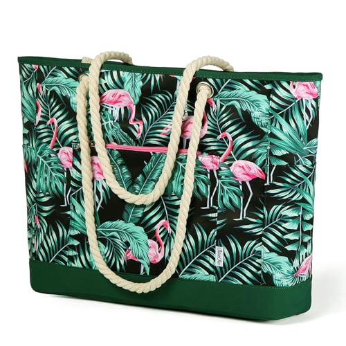 Chase Chic Strandtaschen für Frauen, Große Strandtasche für die Familie mit mehreren Taschen und Reißverschluss für Reisen und Urlaub Flamingo von Chase Chic