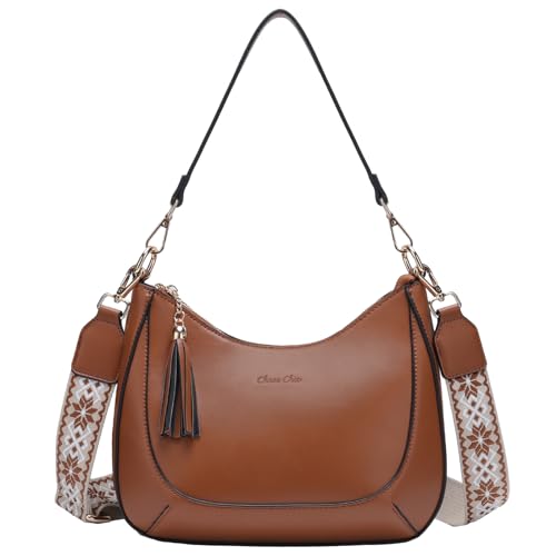 Chase Chic Umhängetasche für Frauen, Kleine vegane Leder-Schultertasche Damen Cross Body Halbmond-Handtaschen mit abnehmbarem Riemen Braun von Chase Chic