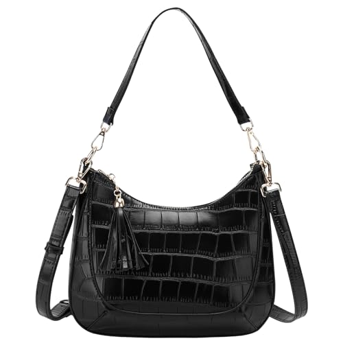 Chase Chic Umhängetasche für Frauen, Kleine vegane Leder-Schultertasche Damen Cross Body Halbmond-Handtaschen mit abnehmbarem Riemen Krokogeprägtes Schwarz von Chase Chic