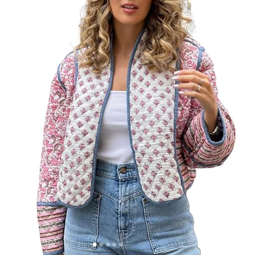 CheJooe Cropped-Steppjacke für Damen, ethnischer Stil, Blumenmuster, Stehkragen, Pufferjacke, gepolstert, Stehkragen, gesteppter Mantel, vorne offen, Cardigan mit Tasche, B-Pinkb-Weinrot, M von CheJooe