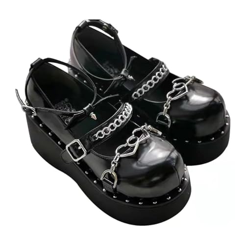 Mary Jane Plateauschuhe für Damen, Retro-Schnalle, Riemen, runde Zehen, flache flache Lolita-Prinzessinnenschuhe, Gothic, klobige Plateauschuhe, Lackleder, Mädchenschuhe, Kleid, A Schwarz, 38 2/3 EU von CheJooe