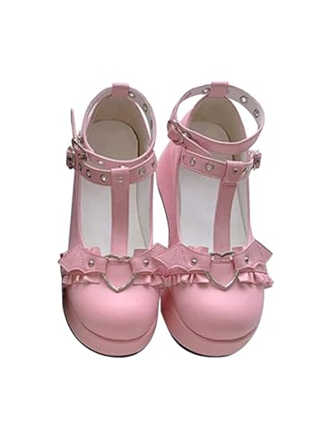 Mary Jane Plateauschuhe für Damen, Retro-Schnalle, Riemen, runde Zehen, flache flache Lolita-Prinzessinnenschuhe, Gothic, klobige Plateauschuhe, Lackleder, Mädchenschuhe, Kleid, B Pink, 38 2/3 EU von CheJooe