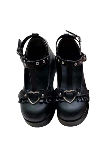 Mary Jane Plateauschuhe für Damen, Retro-Schnalle, Riemen, runde Zehen, flache flache Lolita-Prinzessinnenschuhe, Gothic, klobige Plateauschuhe, Lackleder, Mädchenschuhe, Kleid, B Schwarz, 36 1/3 EU von CheJooe