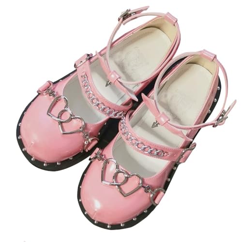 Mary Jane Plateauschuhe für Damen, Retro-Schnalle, Riemen, runde Zehen, flache flache Lolita-Prinzessinnenschuhe, Gothic, klobige Plateauschuhe, Lackleder, Mädchenschuhe, Kleid, Rosa, 36 2/3 EU von CheJooe