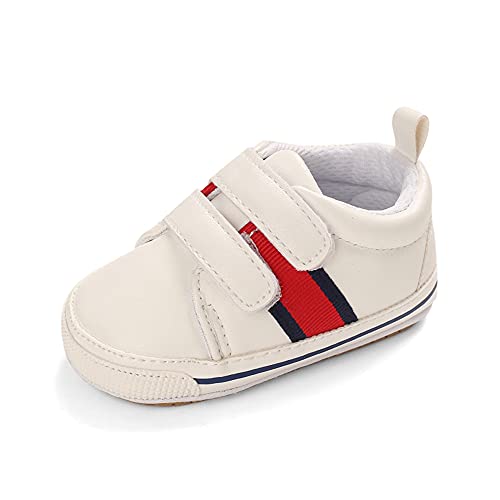 Cheerful Mario Lauflernschuhe Baby Jungen Mädchen Weiches PU-Leder Babyschuhe Erste Schuhe Antirutsch Weiß Streifen 3-6 Monate von Cheerful Mario