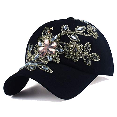 Cheerlife Basecap Damen Jeans Baseball Cap Mütze Kappe mit Blume Strass Sonnenhut Hip Hop Hut für Outdoor Sport Reisen (Schwarz) von Cheerlifee