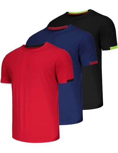 3er Pack Sport Tshirts Herren Funktionsshirt Sportshirt Fitness Laufshirt T Shirt Herren Set Schnelltrocknend Atmungsaktiv Trainingsshirt Herren Laufshirt Kurzarm-Black/Navy/Red-L von Chenjunrong