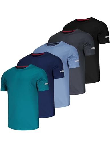 Herren T Shirt 5er Pack Fitness Outdoor Läuft T-Shirts Schnelltrocknend Polyester Baseball Tennis Shirt Männer Atmungsaktiv Basic SportT Shirts Set-Schwarz/Weiß/Navy/Haze/Grün-3XL von Chenjunrong