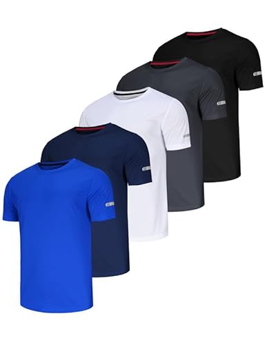 Sport T Shirt Herren Kurzarm Rundhals Schnelltrocknend Gym T-Shirts Fitness Fahrrad Shirt Männer Leicht Atmungsaktiv T Shirts Set Regular Fit Klassicsches-Schwarz/Grau/Weiß/Navy/Blau-L von Chenjunrong