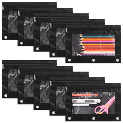 Chewtoyo Oxford-Bleistifttaschen mit Reißverschluss, transparentes Fenster, 3-Ringbuch-Tasche für Schule oder Büro, Schwarz, 10 Stück Chewtoyo Oxford-Bleistifttaschen mit Reißverschluss, transparentes Fenster, 3-Ringbuch-Tasche für Schule oder Büro, Schwarz, 10 Stück von Chewtoyo