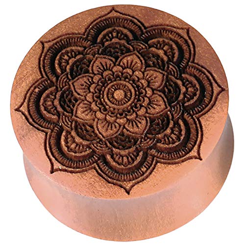 Chic-Net Damen Herren Lobe Plug Flesh Tunnel aus Sawoholz in rotbraun mit gravierter Mandala Blume in schwarz, Double Flared von CHICNET