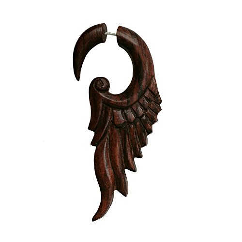 CHICNET Fake Piercing Sonoholz Edelstahl handgeschnitzt groß hell Dunkelbraun Dehner |Herren Damen Lobe Holz Expander Dehnschnecke Spirale Hook |Unisex Ohrstecker Ohrring Ohr Schmuck Wings von CHICNET