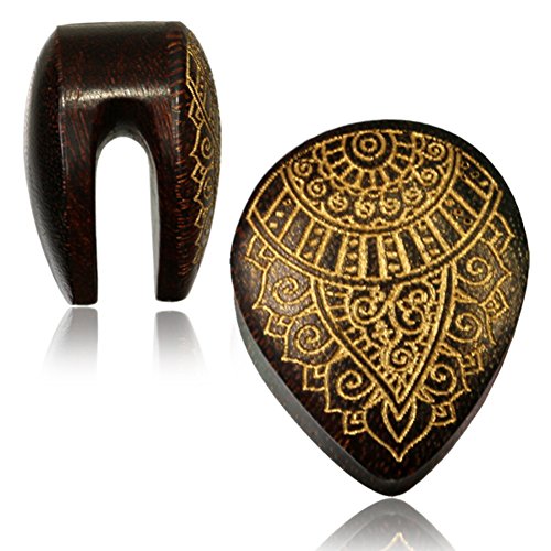 Holzplug Träne Ornament golden Tropfen umgedreht Schlitz Lobe Piercing Holz Plug Tamarinde | unisex Plugs Männer Frauen | Holzplug in Handarbeit zum Einhängen | Damen Herren Earplug orientalisch 20 mm von CHICNET