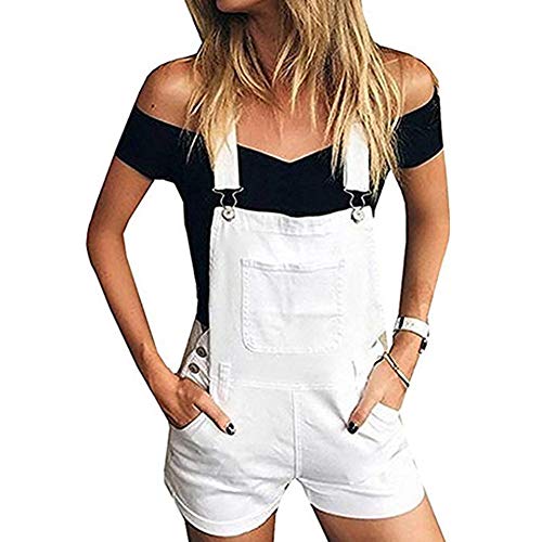 Chickwin Damen Kurze Latzhose Retro Overall Jumpsuit, Sommer Mode Baggy Latzshorts mit Taschen Denim Hosen Baggy Jeans Overalls Playsuit Hose Hosenanzug (L,Weiß) von Chickwin