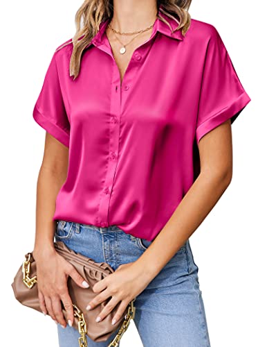 Chigant Seide Button Down Shirts Kurzarm V-Ausschnitt Satin Bluse Büro Tunika Top für Frauen, Knallpink (Hot Pink), Klein von Chigant