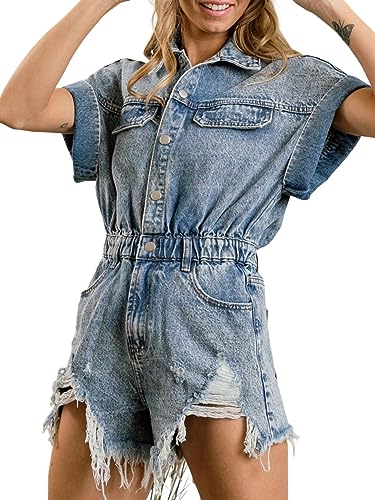 ChiyeeKiss Damen Jeans-Strampler im Used-Look, kurze Bündchenärmel, Jeans-Jumpsuit, Kragen, zerrissene, ausgefranste Shortalls-Overalls, Blau, Medium von ChiyeeKiss