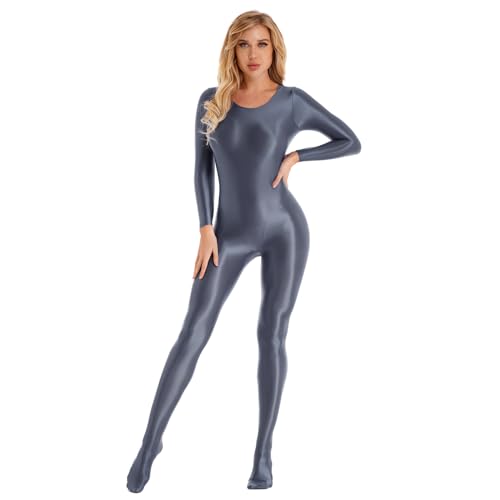 Choomomo Damen Wetlook Jumpsuit Reißverschluss Langarm Bodysuit Nylon Overall Ganzanzug Glossy Bodystocking Tights Leggings Hose Party Sport Clubwear Grau XL von Choomomo