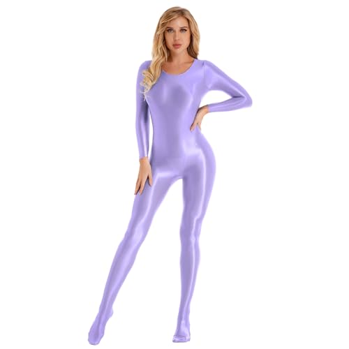 Choomomo Damen Wetlook Jumpsuit Reißverschluss Langarm Bodysuit Nylon Overall Ganzanzug Glossy Bodystocking Tights Leggings Hose Party Sport Clubwear Hellviolett M von Choomomo