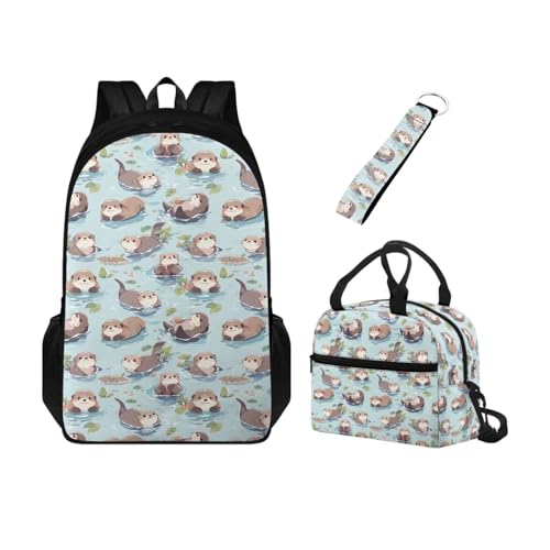 Chririnla 3-in-1 Kinder-Schulrucksack-Set, Doppelreißverschluss, isolierte Lunchbox + Schlüsselanhänger, für Kindergarten, Grundschule, Mitte, Niedlicher Otter, Tagesrucksäcke von Chririnla