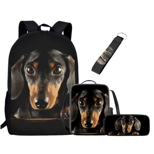 Chririnla Schultasche für Jungen und Mädchen, Lunchbox, Federmäppchen, Schlüsselanhänger, 4 Stück Kinder-Rucksack, Schwarzer Dackel, Tagesrucksäcke Chririnla Schultasche für Jungen und Mädchen, Lunchbox, Federmäppchen, Schlüsselanhänger, 4 Stück Kinder-Rucksack, Schwarzer Dackel, Tagesrucksäcke von Chririnla