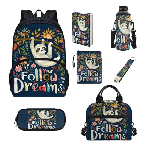 Chririnla Schultaschen-Set für Jungen und Mädchen, isolierte Lunchtasche, Stifttasche, Schlüsselanhänger, Buchhülle, Flaschentasche, Schulanfang, 7-teilig, Lustiger Faultier, Kinderrucksack Chririnla Schultaschen-Set für Jungen und Mädchen, isolierte Lunchtasche, Stifttasche, Schlüsselanhänger, Buchhülle, Flaschentasche, Schulanfang, 7-teilig, Lustiger Faultier, Kinderrucksack von Chririnla