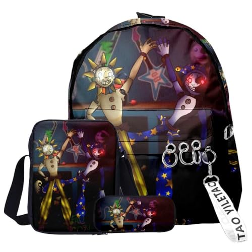 Chukamalilayi FNAF Rucksack-Set, 3-teilig, Schülerbedarfsset, Sicherheitsverletzung, 3D-Druck, Schultasche, einzelne Umhängetasche, Federmäppchen für Jungen, Mädchen, Schüler, Typ 22, Backpack von Chukamalilayi