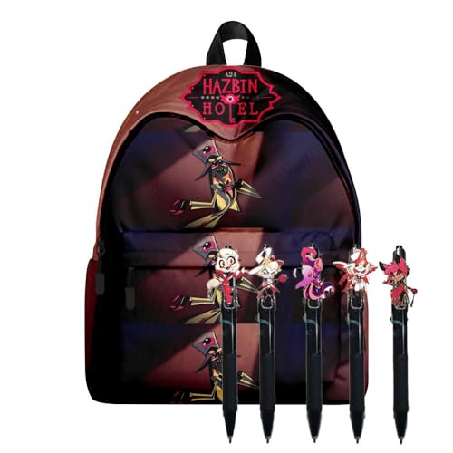 Chukamalilayi Hazbin Hotel Anime Rucksack-Set Alastor Angel Staub Push-up Stift Hazbin Hotel Schultasche und 5 Stück schwarze Tinte 0,5 mm Gelschreiber Schule Bürobedarf für Jungen Mädchen (Typ6) von Chukamalilayi