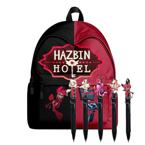 Chukamalilayi Hazbin Hotel Anime Rucksack-Set Alastor Engel Staub Push-up Stift Hazbin Hotel Schultasche und 5 Stück schwarze Tinte 0,5 mm Gelschreiber Schule Büro Zubehör für Jungen Mädchen (Typ1) von Chukamalilayi