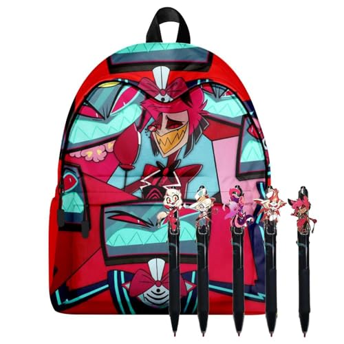 Chukamalilayi Hazbin Hotel Anime Rucksack-Set Alastor Engel Staub Push-up Stift Hazbin Hotel Schultasche und 5 Stück schwarze Tinte 0,5 mm Gelschreiber Schule Bürobedarf für Jungen Mädchen (Typ2) von Chukamalilayi