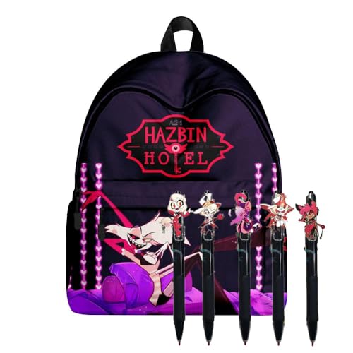 Chukamalilayi Hazbin Hotel Anime Rucksack-Set Alastor Engel Staub Push-up Stift Hazbin Hotel Schultasche und 5 Stück schwarze Tinte 0,5 mm Gelschreiber Schule Bürobedarf für Jungen Mädchen (Typ3) von Chukamalilayi