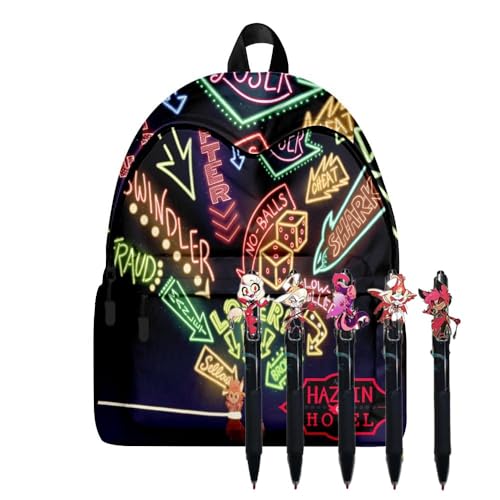 Chukamalilayi Hazbin Hotel Anime Rucksack-Set Alastor Engel Staub Push-up Stift Hazbin Hotel Schultasche und 5 Stück schwarze Tinte 0,5 mm Gelschreiber Schule Bürobedarf für Jungen Mädchen (Typ4) von Chukamalilayi