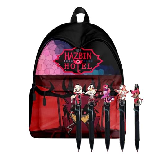 Chukamalilayi Hazbin Hotel Anime Rucksack-Set Alastor Engel Staub Push-up Stift Hazbin Hotel Schultasche und 5 Stück schwarze Tinte 0,5 mm Gelschreiber Schule Bürobedarf für Jungen Mädchen (Typ5) von Chukamalilayi