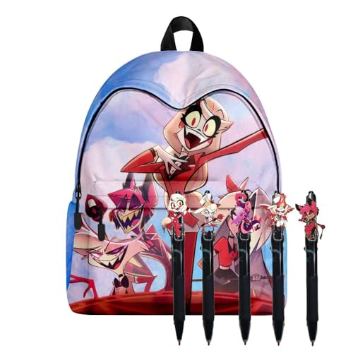 Chukamalilayi Hazbin Hotel Anime Rucksack-Set Alastor Engel Staub Push-up Stift Hazbin Hotel Schultasche und 5 Stück schwarze Tinte 0,5 mm Gelschreiber Schule Bürobedarf für Jungen Mädchen (Typ8) von Chukamalilayi