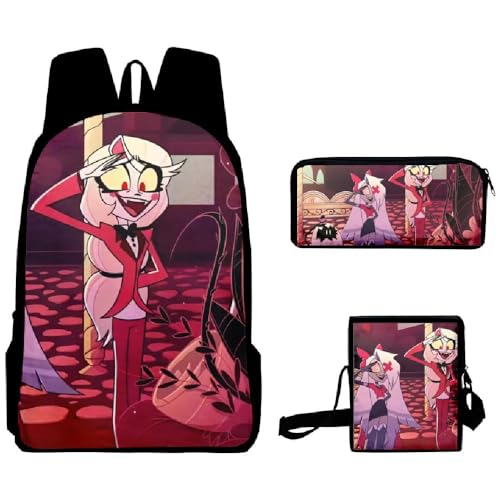 Chukamalilayi Hazbin Hotel Schulrucksack Angel Dust Alastor Charlie Anime Schultaschen Umhängetasche Federmäppchen 3-teiliges Set Cartoon Student Reiserucksack für Jungen Mädchen, Typ 8, Casual von Chukamalilayi