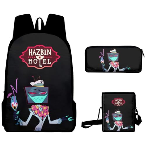 Chukamalilayi Hazbin Hotel Schulrucksack Angel Dust Alastor Charlie Anime Schultaschen Umhängetasche Federmäppchen 3-teiliges Set Cartoon Student Reiserucksack für Jungen Mädchen, Typ 9, Casual von Chukamalilayi