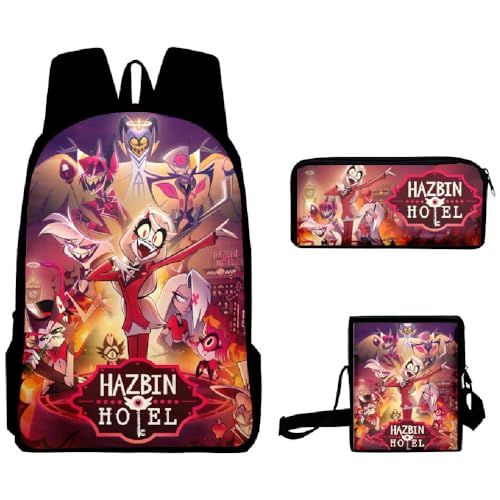 Chukamalilayi Hazbin Hotel Schulrucksack Angel Dust Alastor Charlie Anime Schultaschen Umhängetasche Federmäppchen 3-teiliges Set Cartoon Student Reiserucksack für Jungen Mädchen, Typ1, Casual von Chukamalilayi