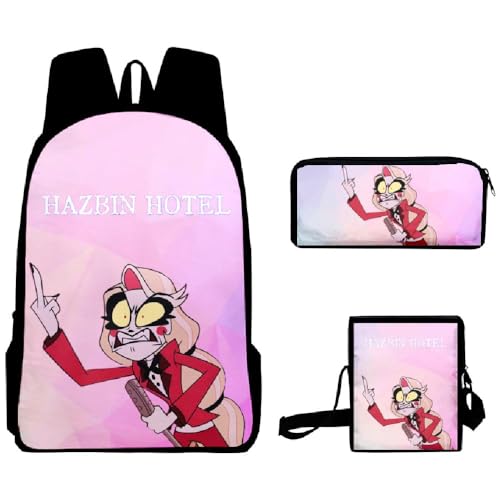 Chukamalilayi Hazbin Hotel Schulrucksack Angel Dust Alastor Charlie Anime Schultaschen Umhängetasche Federmäppchen 3-teiliges Set Cartoon Student Reiserucksack für Jungen Mädchen, Typ10, Casual von Chukamalilayi