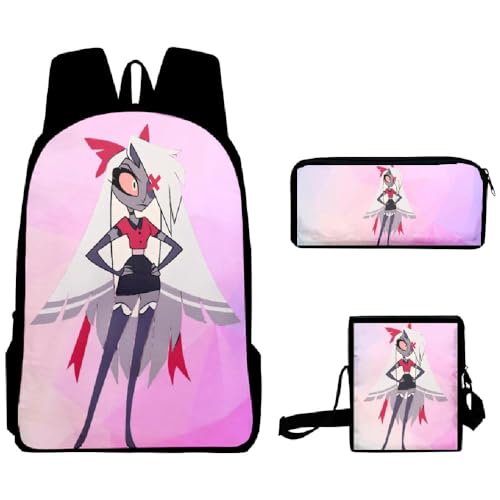 Chukamalilayi Hazbin Hotel Schulrucksack Angel Dust Alastor Charlie Anime Schultaschen Umhängetasche Federmäppchen 3-teiliges Set Cartoon Student Reiserucksack für Jungen Mädchen, Typ11, Casual von Chukamalilayi