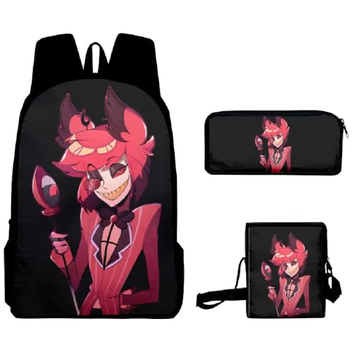 Chukamalilayi Hazbin Hotel Schulrucksack Angel Dust Alastor Charlie Anime Schultaschen Umhängetasche Federmäppchen 3-teiliges Set Cartoon Student Reiserucksack für Jungen Mädchen, Typ15, Casual von Chukamalilayi