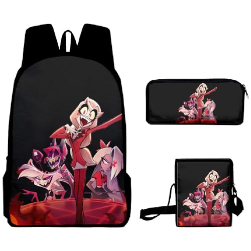 Chukamalilayi Hazbin Hotel Schulrucksack Angel Dust Alastor Charlie Anime Schultaschen Umhängetasche Federmäppchen 3-teiliges Set Cartoon Student Reiserucksack für Jungen Mädchen, Typ17, Casual von Chukamalilayi