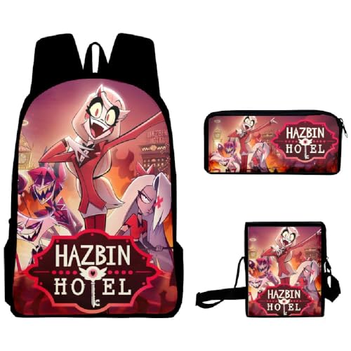 Chukamalilayi Hazbin Hotel Schulrucksack Angel Dust Alastor Charlie Anime Schultaschen Umhängetasche Federmäppchen 3-teiliges Set Cartoon Student Reiserucksack für Jungen Mädchen, Typ2, Casual von Chukamalilayi