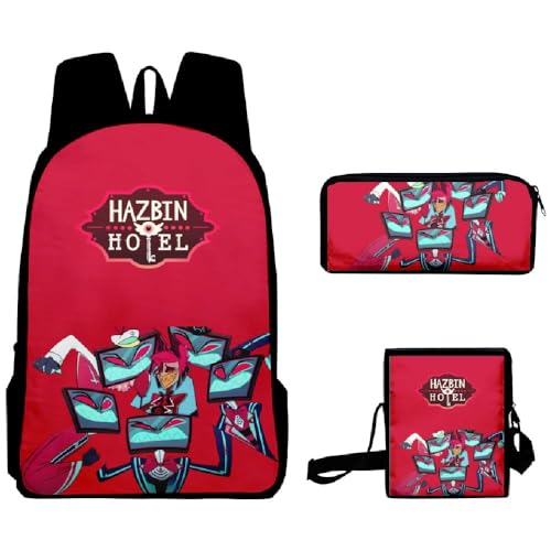 Chukamalilayi Hazbin Hotel Schulrucksack Angel Dust Alastor Charlie Anime Schultaschen Umhängetasche Federmäppchen 3-teiliges Set Cartoon Student Reiserucksack für Jungen Mädchen, Typ21, Casual von Chukamalilayi