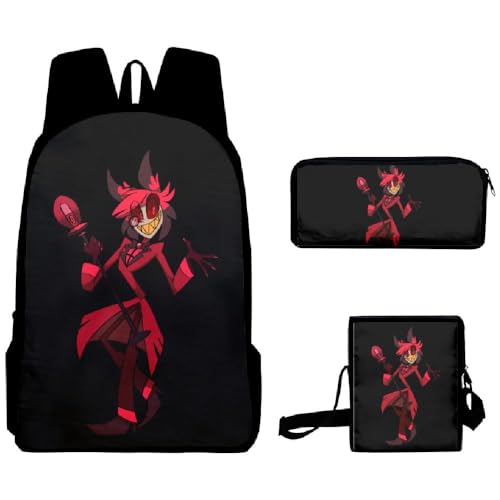 Chukamalilayi Hazbin Hotel Schulrucksack Angel Dust Alastor Charlie Anime Schultaschen Umhängetasche Federmäppchen 3-teiliges Set Cartoon Student Reiserucksack für Jungen Mädchen, Typ22, Casual von Chukamalilayi