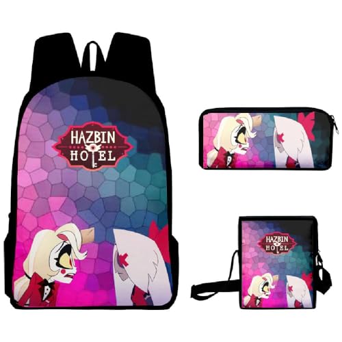 Chukamalilayi Hazbin Hotel Schulrucksack Angel Dust Alastor Charlie Anime Schultaschen Umhängetasche Federmäppchen 3-teiliges Set Cartoon Student Reiserucksack für Jungen Mädchen, Typ23, Casual von Chukamalilayi