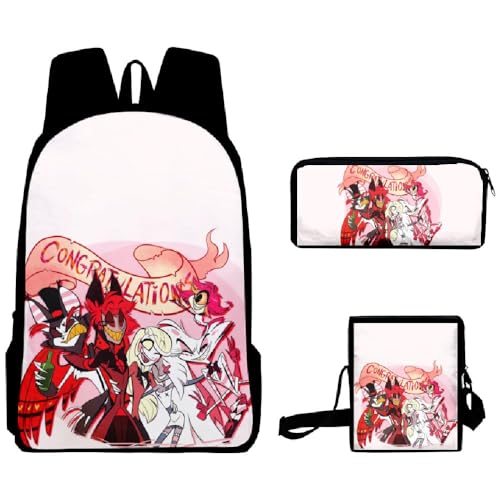 Chukamalilayi Hazbin Hotel Schulrucksack Angel Dust Alastor Charlie Anime Schultaschen Umhängetasche Federmäppchen 3-teiliges Set Cartoon Student Reiserucksack für Jungen Mädchen, Typ24, Casual von Chukamalilayi