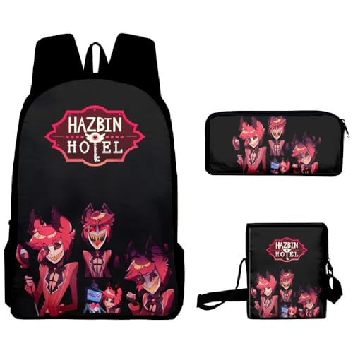 Chukamalilayi Hazbin Hotel Schulrucksack Angel Dust Alastor Charlie Anime Schultaschen Umhängetasche Federmäppchen 3-teiliges Set Cartoon Student Reiserucksack für Jungen Mädchen, Typ3, Casual von Chukamalilayi