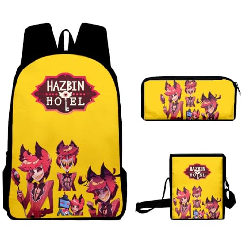 Chukamalilayi Hazbin Hotel Schulrucksack Angel Dust Alastor Charlie Anime Schultaschen Umhängetasche Federmäppchen 3-teiliges Set Cartoon Student Reiserucksack für Jungen Mädchen, Typ4, Casual von Chukamalilayi