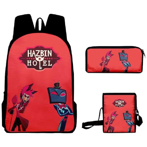 Chukamalilayi Hazbin Hotel Schulrucksack Angel Dust Alastor Charlie Anime Schultaschen Umhängetasche Federmäppchen 3-teiliges Set Cartoon Student Reiserucksack für Jungen Mädchen, Yp12, Casual von Chukamalilayi